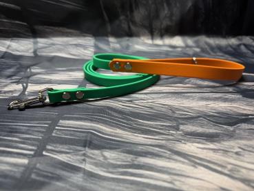 Führleine zweifarbig , 13 mm , 150 cm , Biothane Emerald Grün und Burnt Orange , Hardware Silber