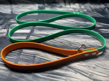 Preview: Führleine zweifarbig , 13 mm , 150 cm , Biothane Emerald Grün und Burnt Orange , Hardware Silber