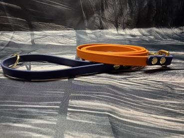 Führleine zweifarbig , 13 mm , 150 cm , Biothane Burnt Orange und Navy Blau, Hardware Messing