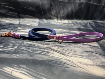 Führleine zweifarbig , 13 mm , 200 cm , Biothane Navy Blau und Amethyst Orchid , Hardware Roségold