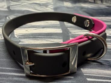 Schnallenhalsband zweifarbig , 16 mm , 32 - 40 cm , Biothane Magenta Rosa und Schwarz ; Hardware Silber