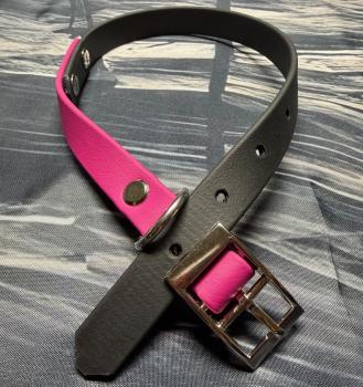Preview: Schnallenhalsband zweifarbig , 16 mm , 32 - 40 cm , Biothane Magenta Rosa und Schwarz ; Hardware Silber