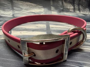Schnallenhalsband , 19 mm , 40 - 48 cm , Biothane Weinrot reflektierend , Hardware Silber