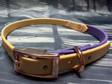 Schnallenhalsband zweifarbig , 13 mm , 36 - 44 cm , Biothane Light Gold und Violet , Hardware Roségold