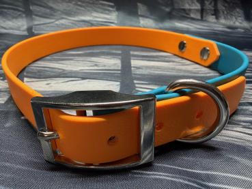 Schnallenhalsband zweifarbig , 19 mm , 44 - 52 cm , Biothane Peach und Lagune ; Hardware Silber