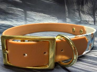 Schnallenhalsband zweifarbig , 25 mm , 44 - 52 cm , Biothane Hellbraun und UV Biothane Bieber ; Hardware Messing