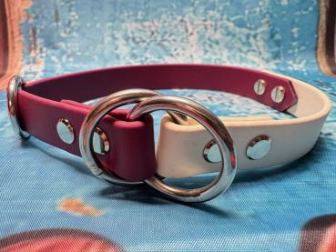 Zugstopphalsband zweifarbig , 19 mm , 39 cm , Biothane Weinrot - Arctic Wolf , Hardware vernickelter Stahl silber