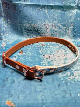 Preview: Zugstopphalsband zweifarbig , 16 mm , 44 cm , Biothane Hellbraun - UV Biothane Otters , Hardware vernickelter Stahl roségold