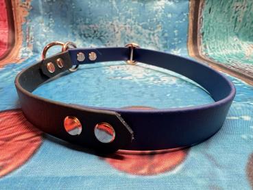 Preview: Zugstopphalsband zweifarbig , 19 mm , 49 cm , Biothane Navy Blau - Schwarz , Hardware vernickelter Stahl roségold