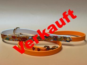 Führleine zweifarbig , 13 mm , 100 cm , Biothane Peach und UV Biothane Comic , Hardware Messing