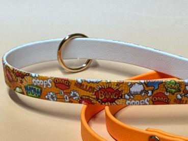 Preview: Führleine zweifarbig , 13 mm , 100 cm , Biothane Peach und UV Biothane Comic , Hardware Messing