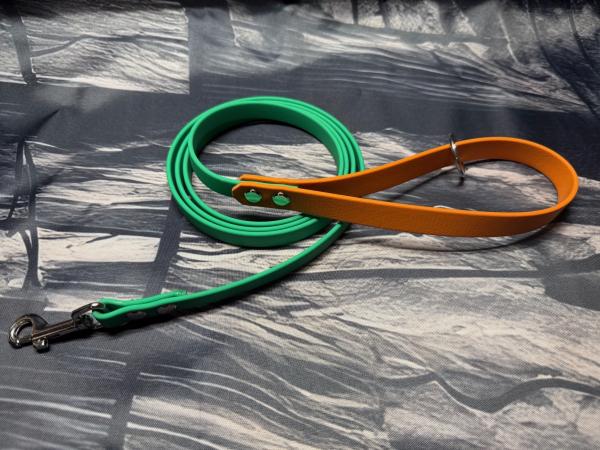 Führleine zweifarbig , 13 mm , 150 cm , Biothane Emerald Grün und Burnt Orange , Hardware Silber
