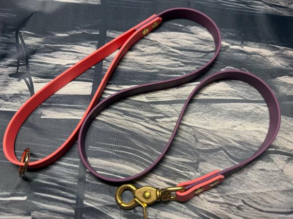 Führleine zweifarbig , 16 mm , 100 cm , Biothane Aubergine und Coral , Hardware Messing