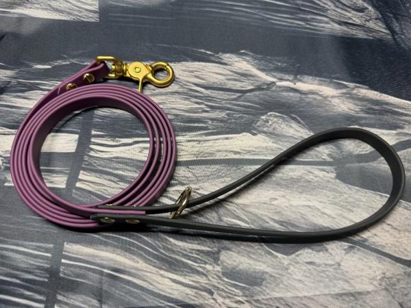 Führleine Zweifarbig , 13 mm , 200 cm , Biothane Aubergine und Schwarz , Hardware Messing