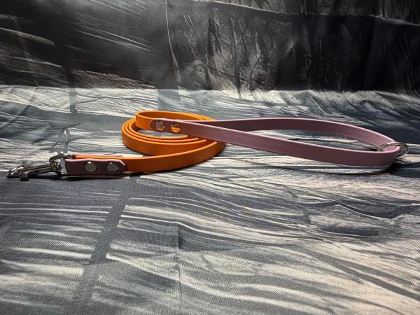 Führleine zweifarbig , 13 mm , 150 cm , Biothane Burnt Orange und Marvelous Mauve , Hardware Silber