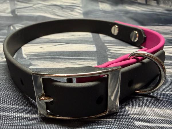 Schnallenhalsband zweifarbig , 16 mm , 32 - 40 cm , Biothane Magenta Rosa und Schwarz ; Hardware Silber