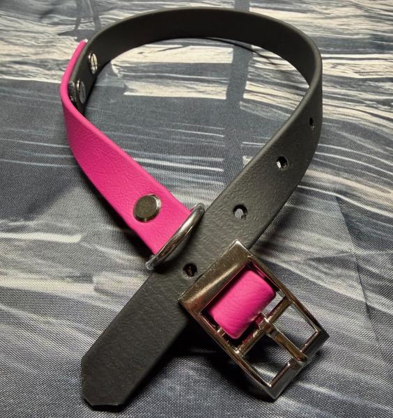 Schnallenhalsband zweifarbig , 16 mm , 32 - 40 cm , Biothane Magenta Rosa und Schwarz ; Hardware Silber