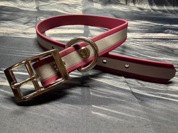 Schnallenhalsband , 19 mm , 40 - 48 cm , Biothane Weinrot reflektierend , Hardware Silber