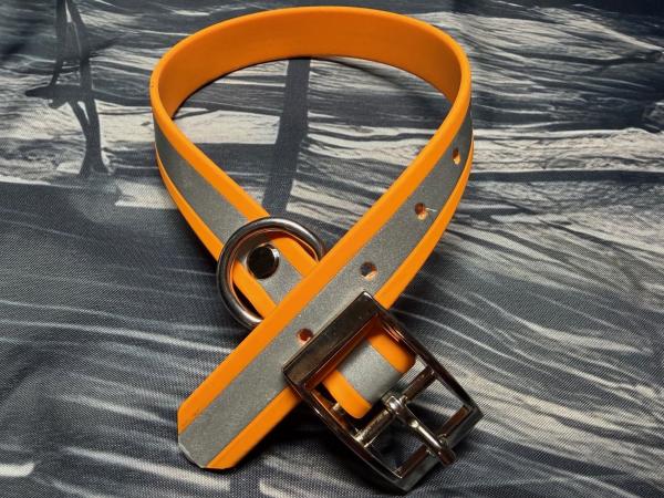 Schnallenhalsband , 19 mm , 28 - 36 cm , Biothane Peach reflektierend , Hardware Silber