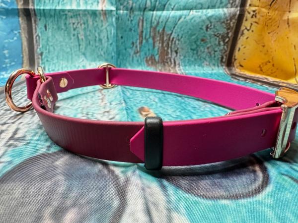 Schnallenhalsband zweifarbig , 19 mm , 46 - 53 cm , Biothane Magenta Rosa und Weinrot , Hardware Roségold