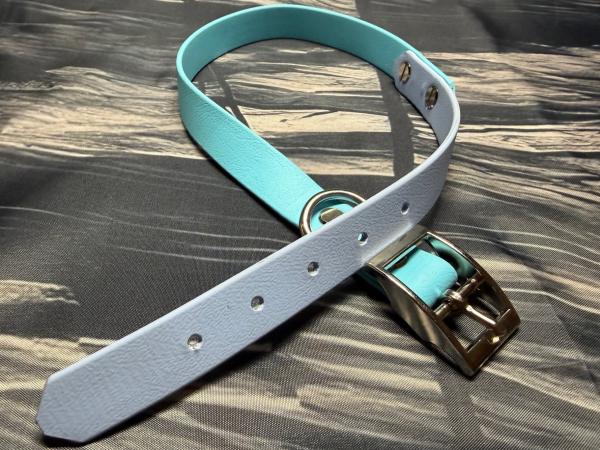 Schnallenhalsband zweifarbig , 19 mm , 44 - 52 cm , Biothane Skyan Blau und Polar Blau ; Hardware Silber