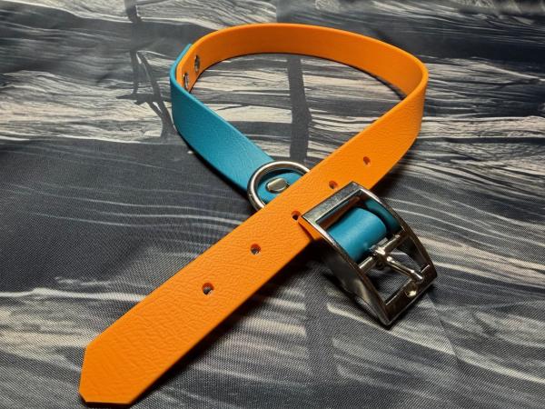 Schnallenhalsband zweifarbig , 19 mm , 44 - 52 cm , Biothane Peach und Lagune ; Hardware Silber