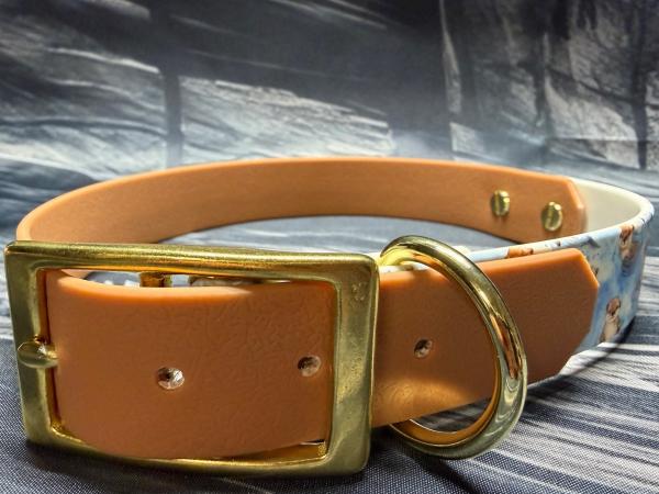 Schnallenhalsband zweifarbig , 25 mm , 44 - 52 cm , Biothane Hellbraun und UV Biothane Bieber ; Hardware Messing