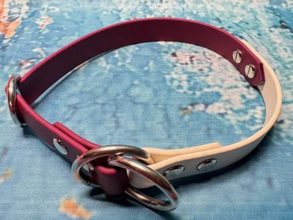 Zugstopphalsband zweifarbig , 19 mm , 39 cm , Biothane Weinrot - Arctic Wolf , Hardware vernickelter Stahl silber