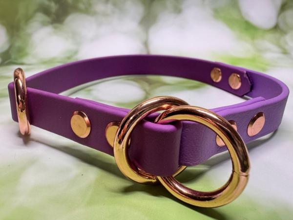 Zugstopphalsband zweifarbig , 16 mm , 33 cm , Biothane Grape - Amethyst Orchid , Hardware vernickelter Stahl roségold