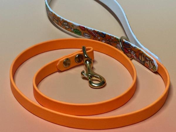 Führleine zweifarbig , 13 mm , 100 cm , Biothane Peach und UV Biothane Comic , Hardware Messing