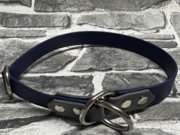 Zugstopphalsband doppelter Umschlag , 19 mm , 44 cm , Biothane Navy Blau und Dunkelgrau , Hardware Silber