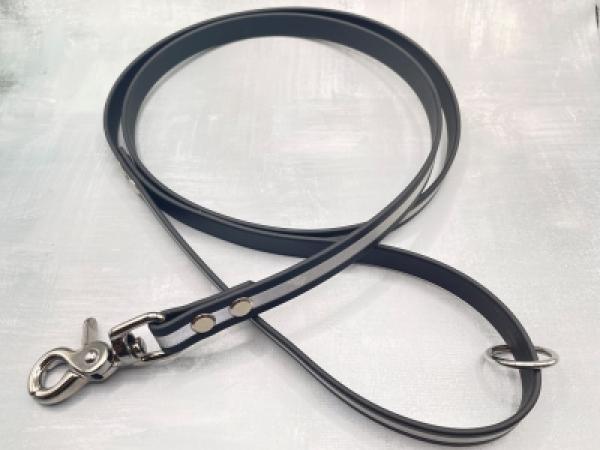 Führleine einfarbig , 16 mm , 130 cm , Biothane Schwarz reflektierend , Hardware Silber