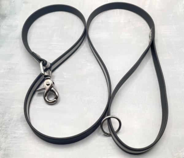 Führleine einfarbig , 16 mm , 130 cm , Biothane Schwarz reflektierend , Hardware Silber