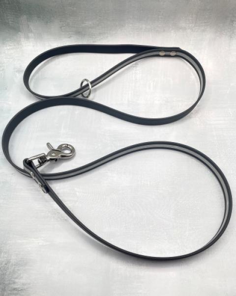 Führleine einfarbig , 16 mm , 130 cm , Biothane Schwarz reflektierend , Hardware Silber